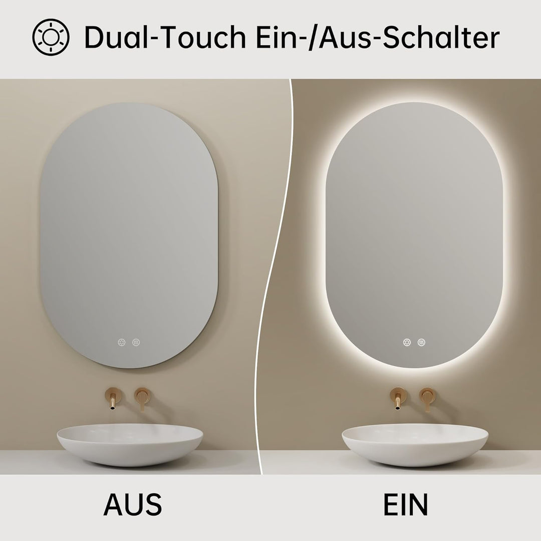 Spiegel mit Beleuchtung Oval LED Badspiegel 50 x 75 cm mit Touch-Schalter, Dimmbar 3 Lichtfarbe Eins