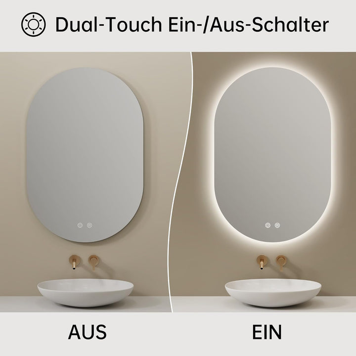 Spiegel mit Beleuchtung Oval LED Badspiegel 50 x 75 cm mit Touch-Schalter, Dimmbar 3 Lichtfarbe Eins