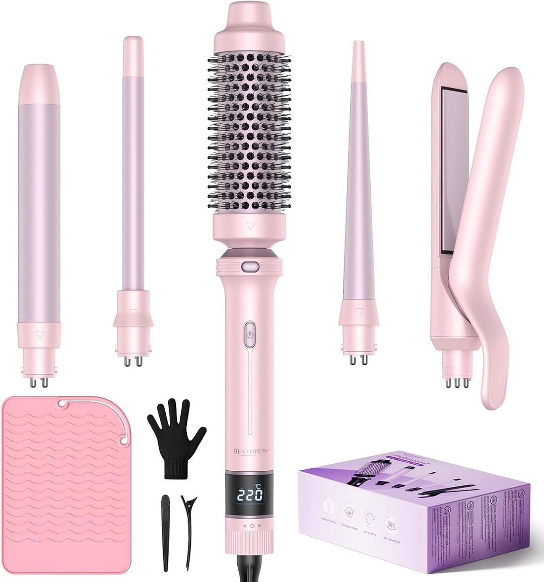 BESTOPE PRO Lockenstab, 5 in 1 Lockenstäbe Set mit Glätteisen, Thermobürste, 3 Keramische Lockeneise