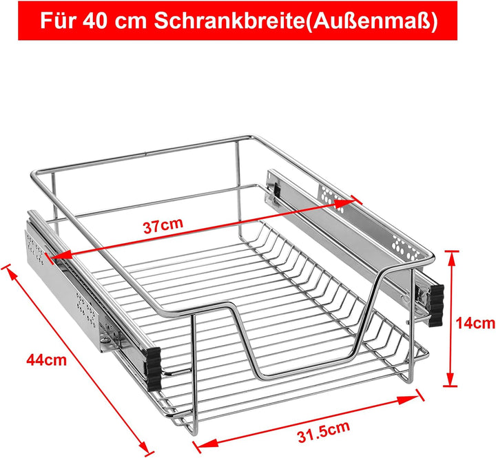 NAIZY 2x Teleskopschublade 40cm Breite anwendbar Küchenschublade Silber Küchen Regal aus Massiver Ed