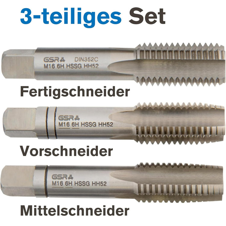 PROFI Gewindebohrer M16 Satz HSSG 3 teilig, Gewindeschneider | Vor-, Mittel- und Fertigschneider | H