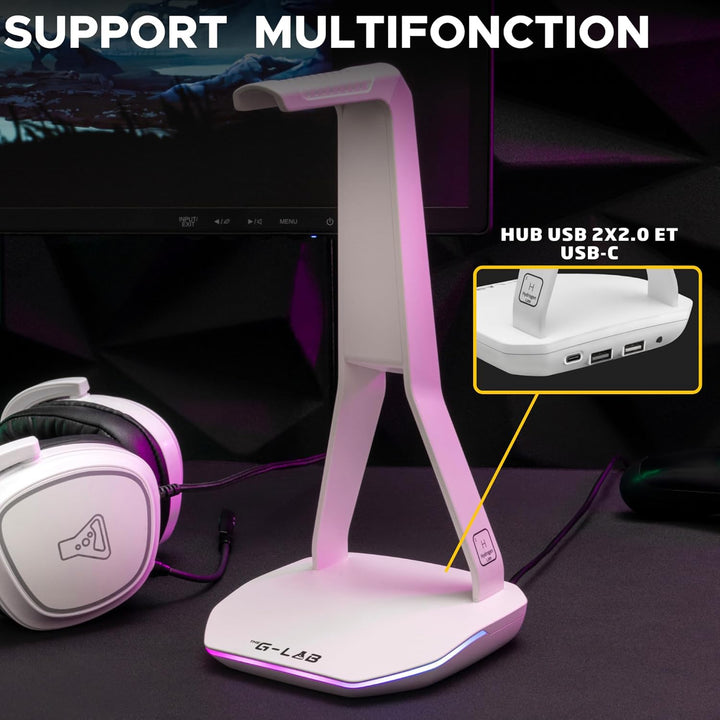The G-lab – K-Stand Hydrogen – Gaming Kopfhörer Ständer – RGB mit 7 Farben, EIN/Aus-Schalter, 2X USB