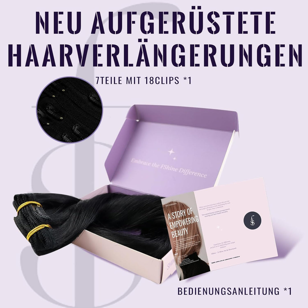 Fshine Clip in Extensions Echthaar Tief Schwarz, 7 Stücke 120 g, 35 cm, Schnelle Installation, Brazi