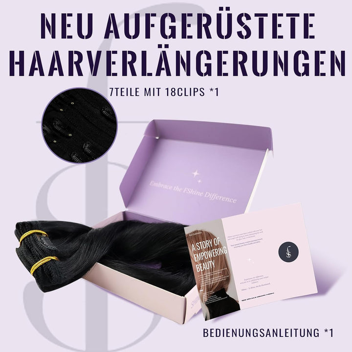Clip in Extensions Echthaar Schwarz, 7 Stücke 120 g, 40 cm, seidig, Echthaar Haarverlängerung Clip i