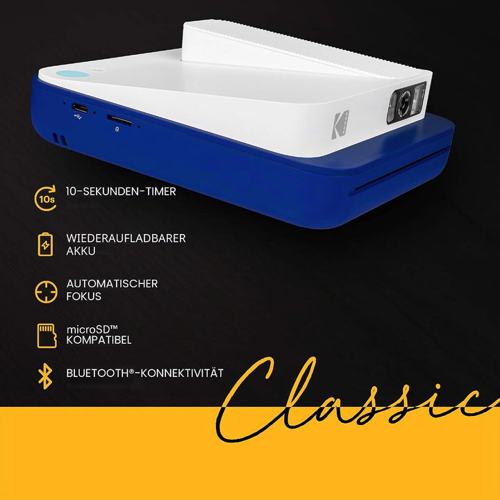 KODAK Smile Classic Sofortbilddigitalkamera + Bluetooth (Blau), 16MP, 35 Drucke/Aufladung – Starter-