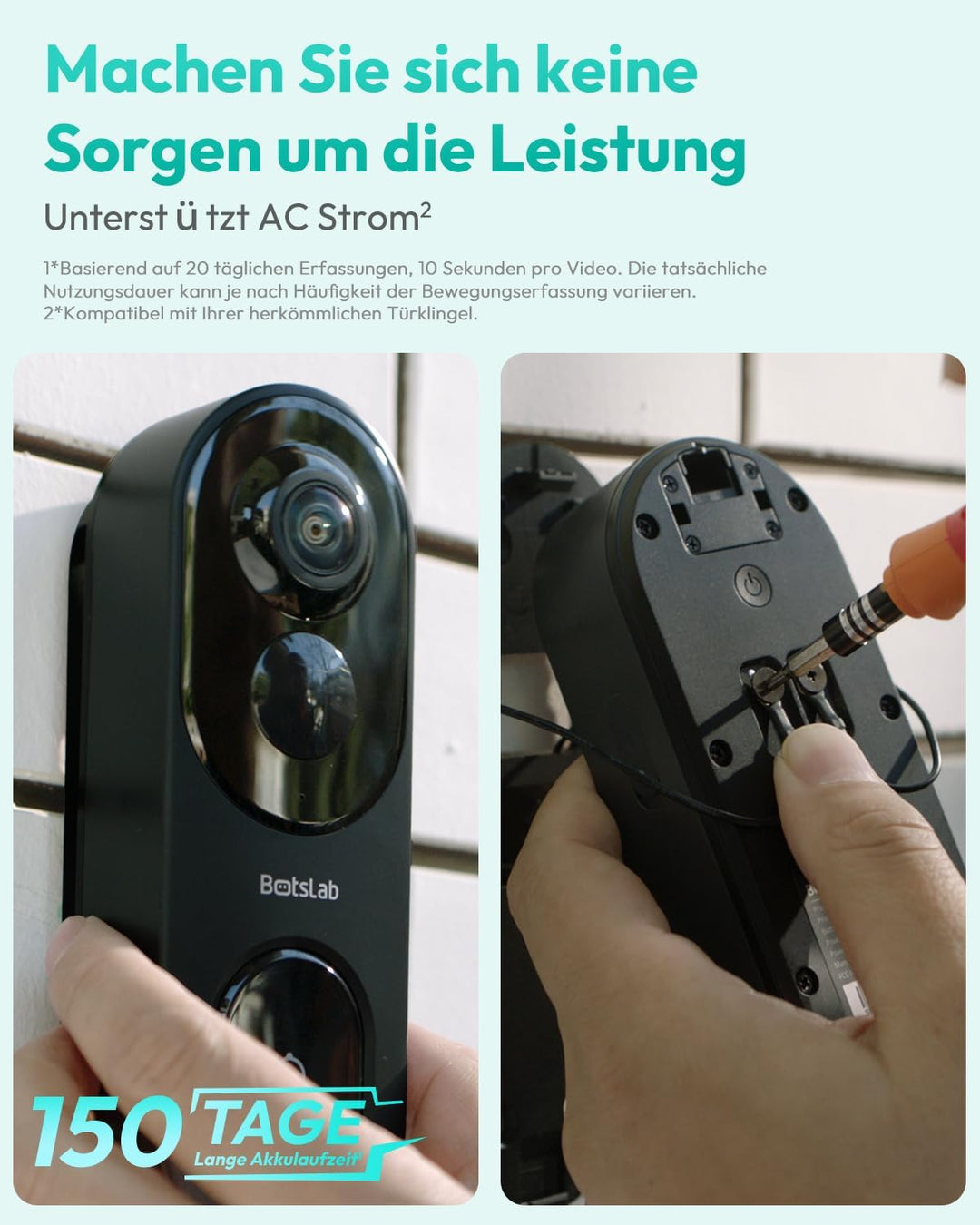 BOTSLAB Kabellose Video-Türklingel Akku, 5MP WLAN Türklingel mit Kamera, 180° Weitwinkel, 210-Tage-A