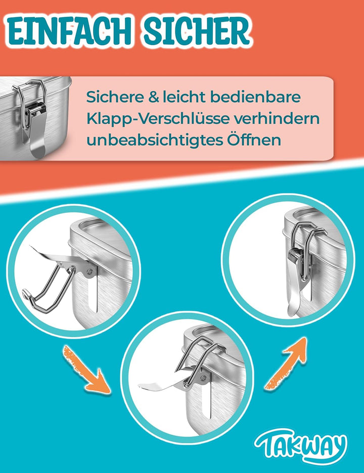 TAKWAY Edelstahl Brotdose Kinder mit Fächern 800ml | Auslaufsicher | Bento Box mit Unterteilung vari