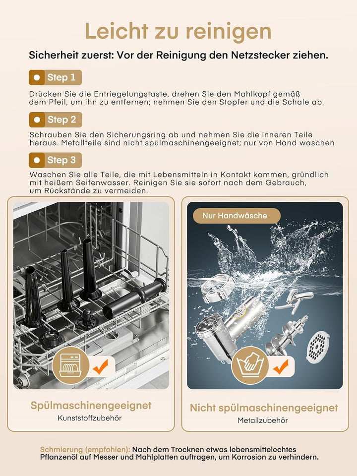 FOHERE Elektrischer Fleischwolf, 3200W Max Hochleistungs-Edelstahl, 2 Messer, 3 Mahlscheiben, 3 Wurs