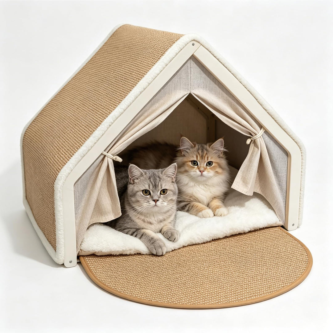 Sisal &amp; Holz Katzenhöhle Katzenhaus Indoor mit Oben Kratzbrett Katze(Beige) | Katzenbett, Abnehmbare