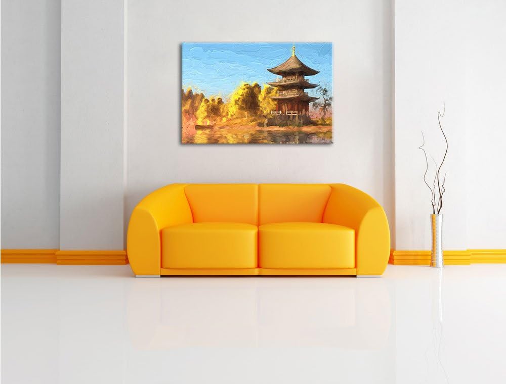 Pixxprint prachtvoller asiatischer Tempel an See Kunst Pinsel Effekt, Format: 100x70 auf Leinwand, 1