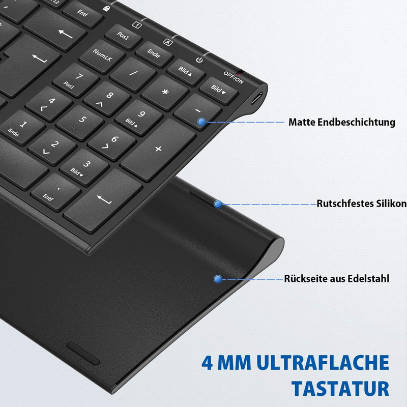 iClever Kabellose Tastatur, wiederaufladbare 2,4 GHz Funk Tastatur, Deutsches QWERTZ Layout, für Com