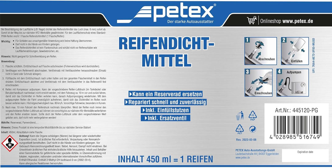 PETEX 445100 Reifenpannenset inklusive Luftkompressor 12V, 18 bar, inklusive 3-Teilig Adapterset und