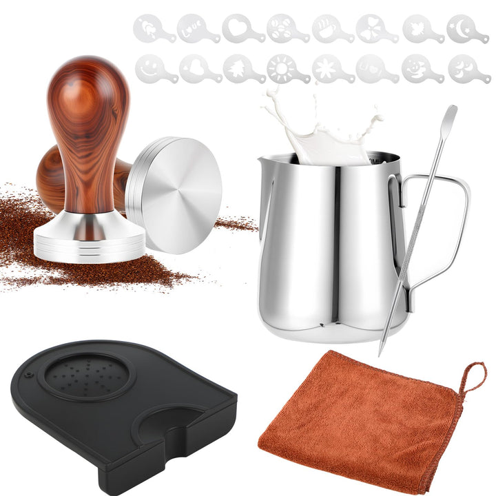 Kaffee Tamper 51mm Set Edelstahl, Espresso Zubehör mit 350ml Milchkännchen | Espresso Zubehör Set •