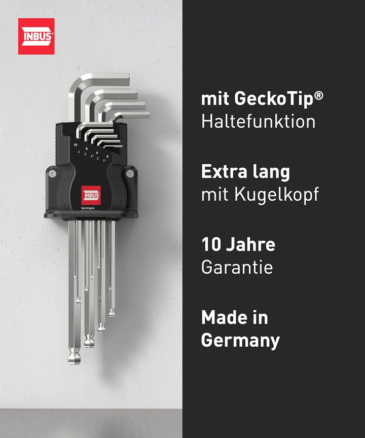 INBUS® 76893 — Das Original. Made in Germany — Set 9tlg, 1.5–10mm, mit GeckoTip® & Kugelkopf 9× (1.5