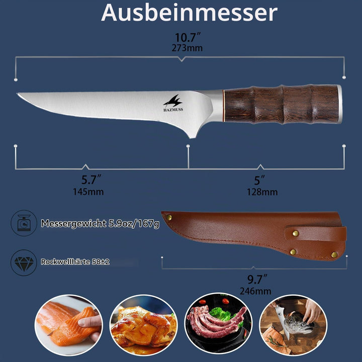 Ausbeinmesser mit Scheide, 14,5 cm, scharfes, flexibles japanisches Filetiermesser aus kohlenstoffre