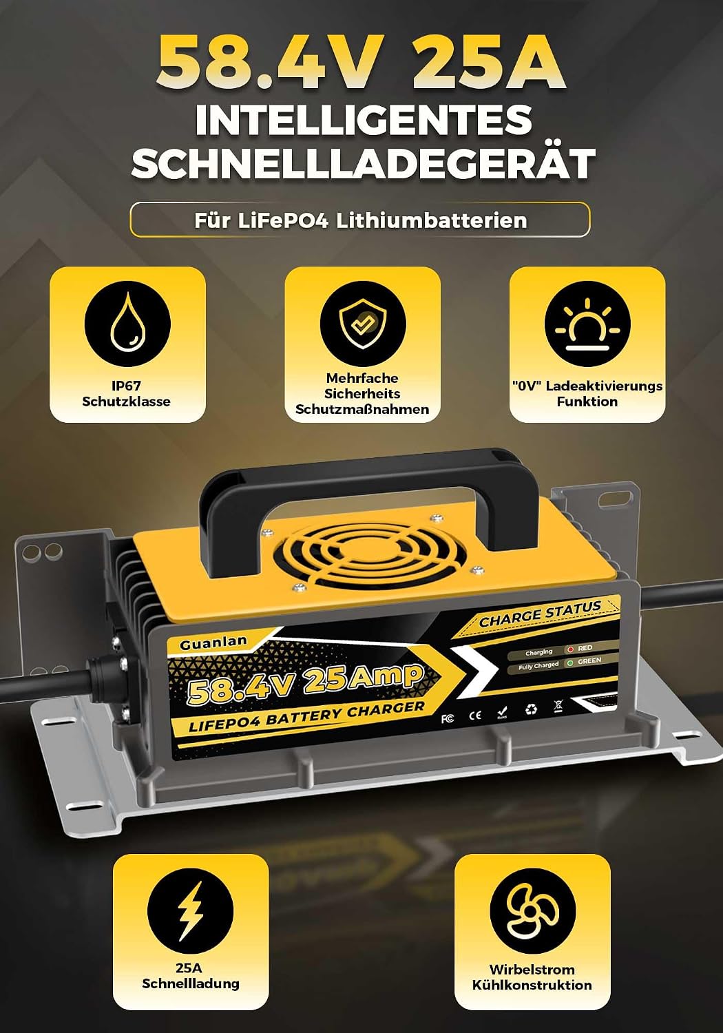 58,4V 25A LiFePO4 Lithium Batterie Ladegerät für 48V(51,2V) LiFePO4 Lithium Batterien, IP67 Wasserdi