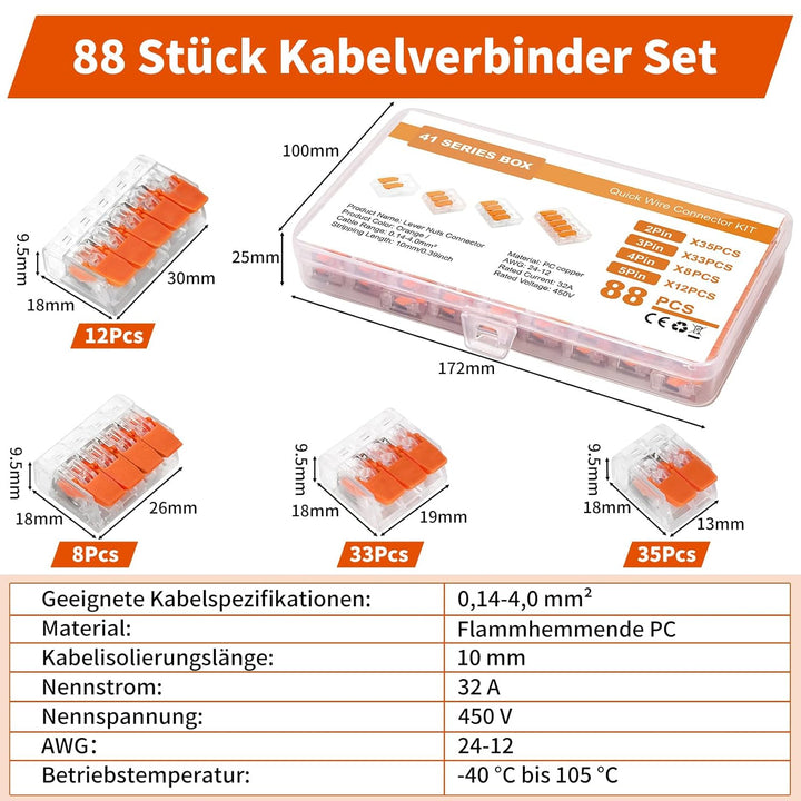 88 Stück Kabelklemmen Elektro, Kabelverbinder 2 Polig, 3 Polig, 4 Polig, 5 Polig, Klemmen Elektro mi