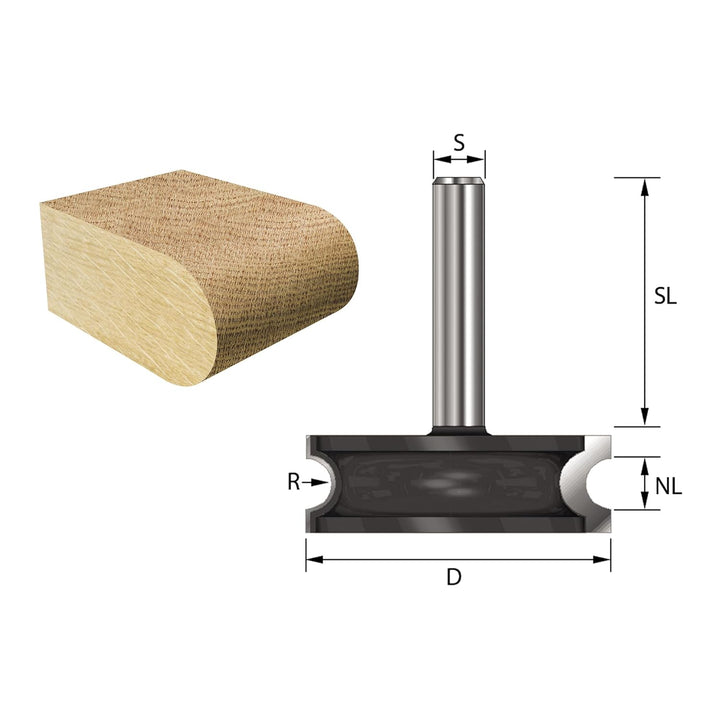 ENT 17010 Rundfräser Konvex HW, Schaft (S) 12 mm, Durchmesser (D) 38,1 mm, NL 6,35 mm, R 3,18 mm, SL