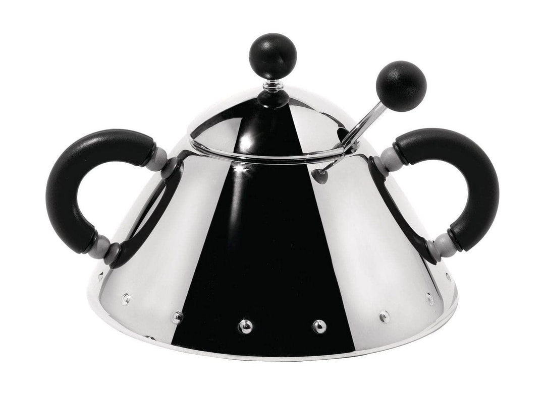Alessi Zuckerdose mit Löffel aus Edelstahl, Griffen und Knopf aus PA, schwarz, Silber, 35.5 x 10.5 x