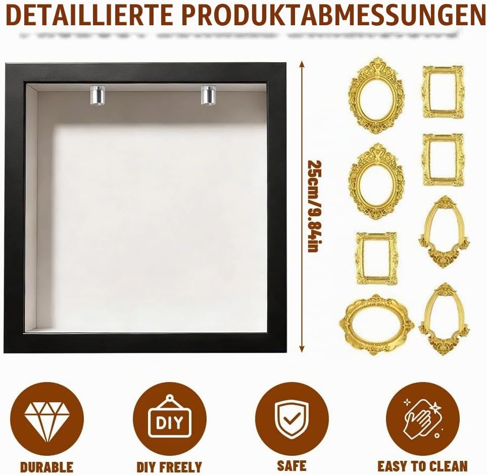 DIY Mini Museum Shadow Box mit LED Licht - Mini Bilderrahmen Vintage Set mit 8 Gold Rahmen &amp; 8 Figur