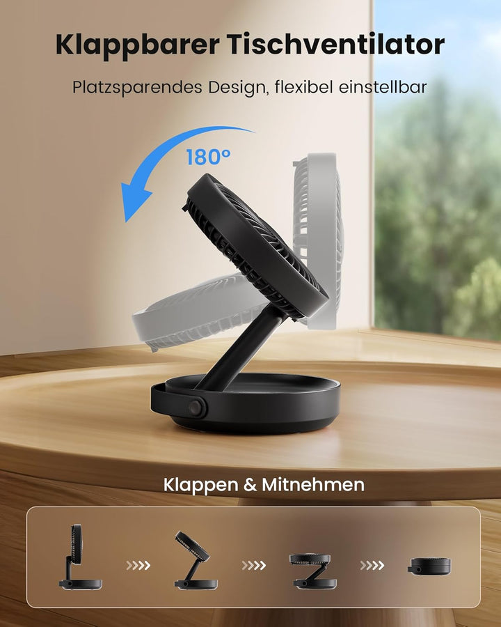 Gaiatop Faltbare Tischventilator Tragbarer Ventilator, 6000mAh Akku Ventilator mit Nachtlicht, 17CM
