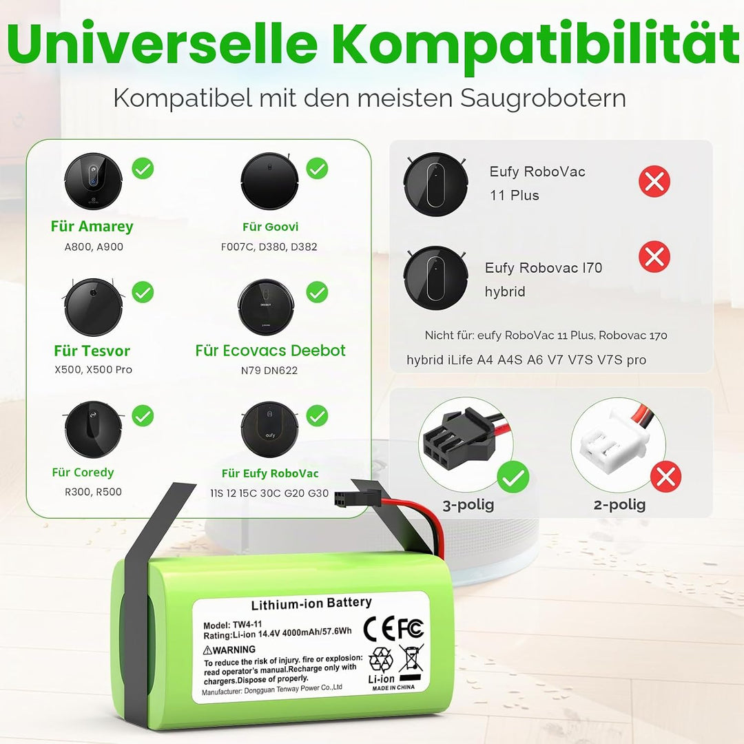 ASUNCELL 4000 mAh 57.6Wh 14.4V Ersatzakku für RoboVac 11 Li-Ion-Akku, kompatibel mit RoboVac 11S 11S