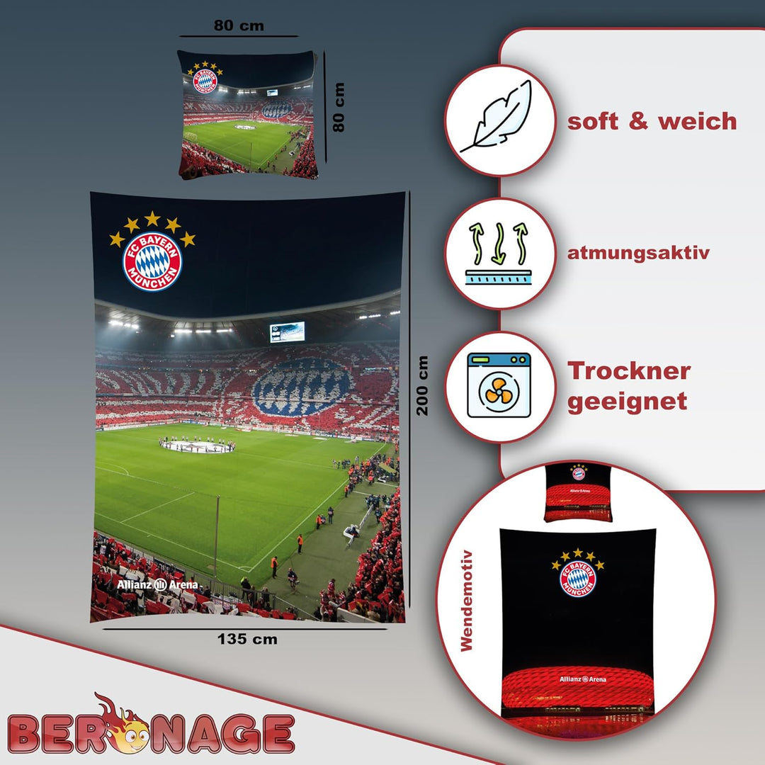 FC Bayern München Wende-Bettwäsche - REKORDMEISTER 135 x 200 + 80 x 80 cm 100% Baumwolle Biber/Flane