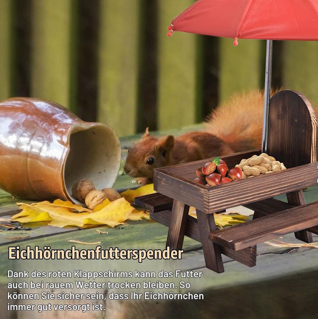 Eichhörnchen Futterhaus mit Regenschirm: Holz Eichhörnchen Picknicktisch mit Maiskolbenhalter, Wette