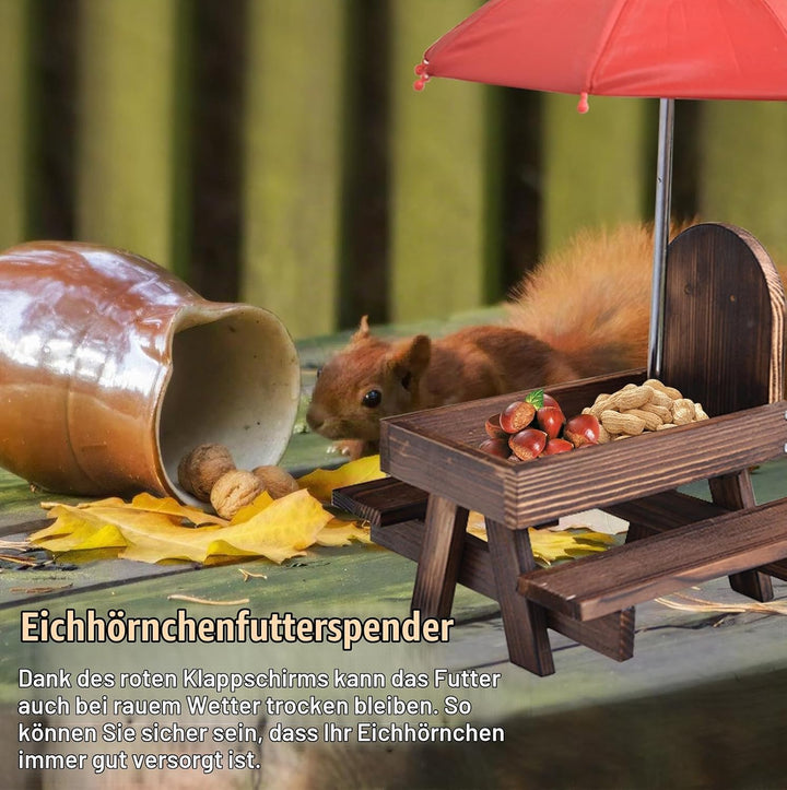 Eichhörnchen Futterhaus mit Regenschirm: Holz Eichhörnchen Picknicktisch mit Maiskolbenhalter, Wette