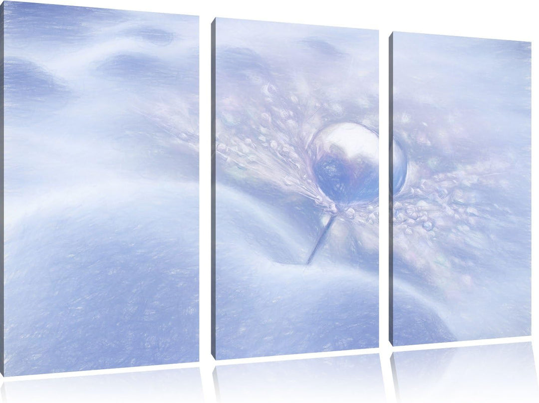 Pixxprint Tautropfen auf Einer Pusteblume im Schnee Kunst Buntstift Effekt 3-Teiler Leinwandbild 120