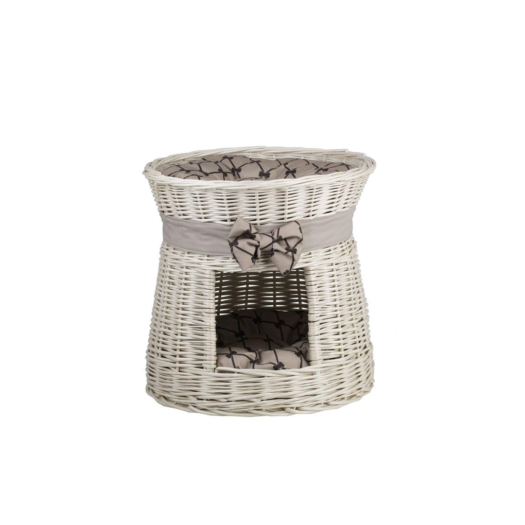 e-wicker24 Runde Katzenhütte, Katzenkorb aus Weide, Korb für die Katze mit Zwei Etagen, Katzenlager