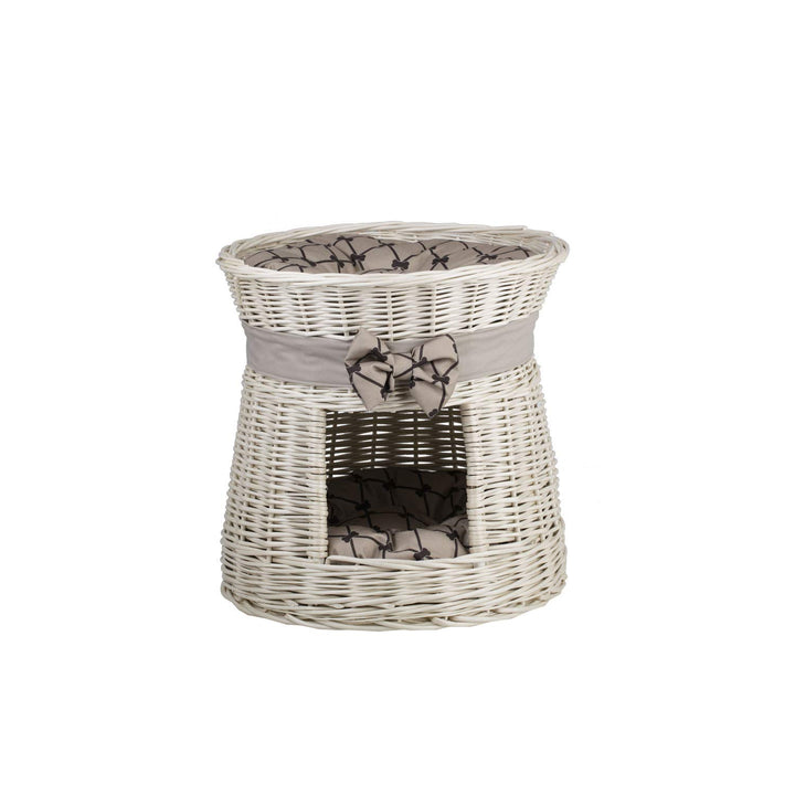 e-wicker24 Runde Katzenhütte, Katzenkorb aus Weide, Korb für die Katze mit Zwei Etagen, Katzenlager