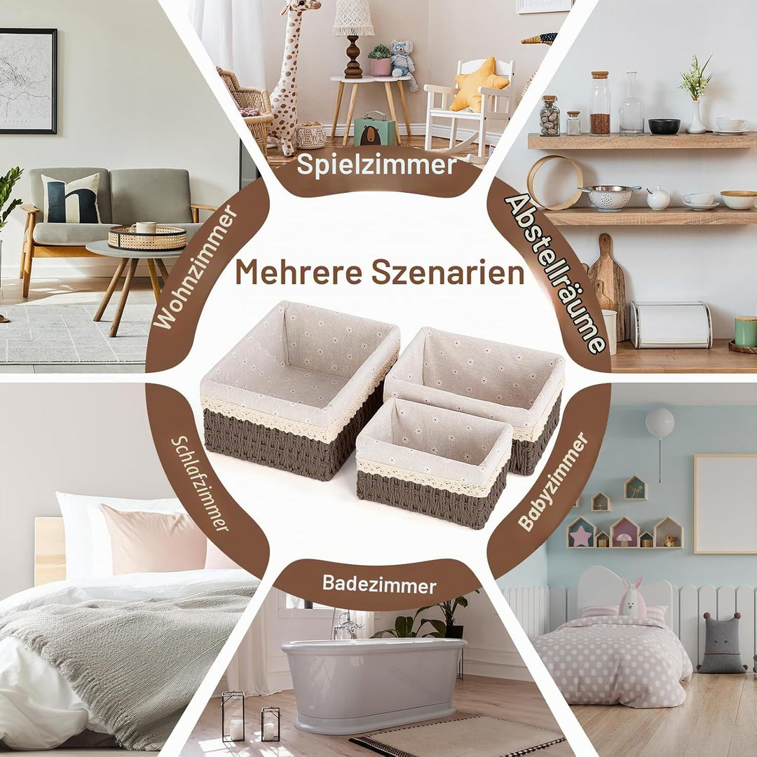 FoiiLiio 3 Stück Aufbewahrungskorb Korb Geflochten aus Papierseil mit Futter, Handgewebt Aufbewahrun