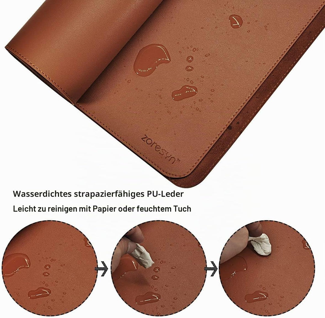 ZORESYN PU Leder Schreibtischunterlage XXL 110x50cm - rutschfeste Büro-Matte mit Rollband Premium Ti