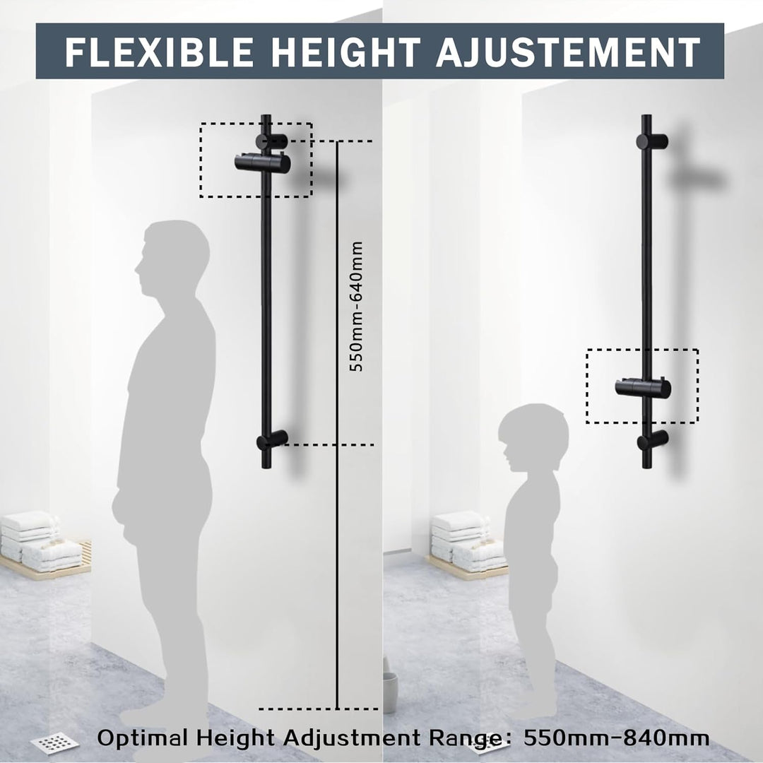 DETBOM Edelstahl Brausestange Schwarz 70cm, Duschstange mit Duschkopfhalterung 360°Drehbar,Duschstan