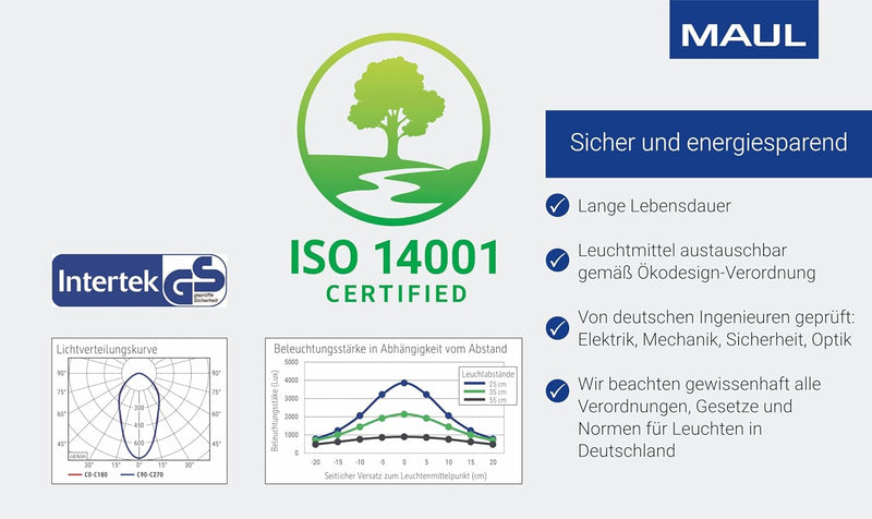 Maul LED Tischleuchte MAULatlantic, LED Klemmlampe, 6500 K, Arm Metall, Tischlampe für Schreibtisch,