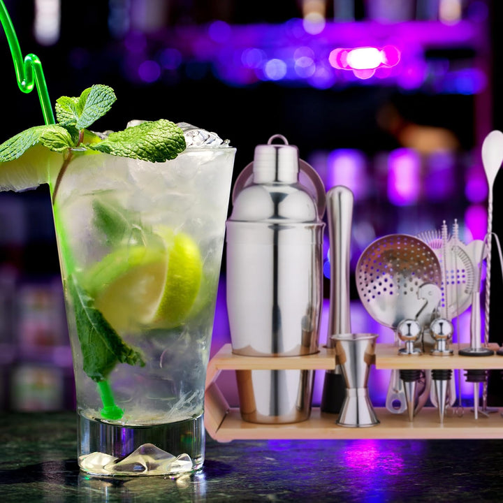 Relaxdays Cocktail Set, 16-TLG. Barset mit Ständer, Shaker, Barmass, Barlöffel, Zange, Edelstahl & B
