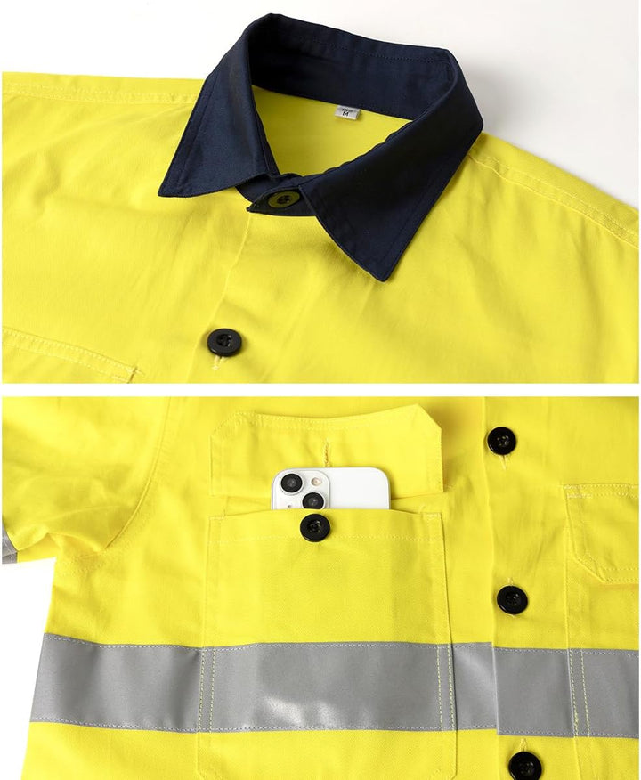 Herren Button-Down-Arbeitshemd Reflektierendes Band Langarmshirts Arbeitsjacke Atmungsaktiv Leicht A