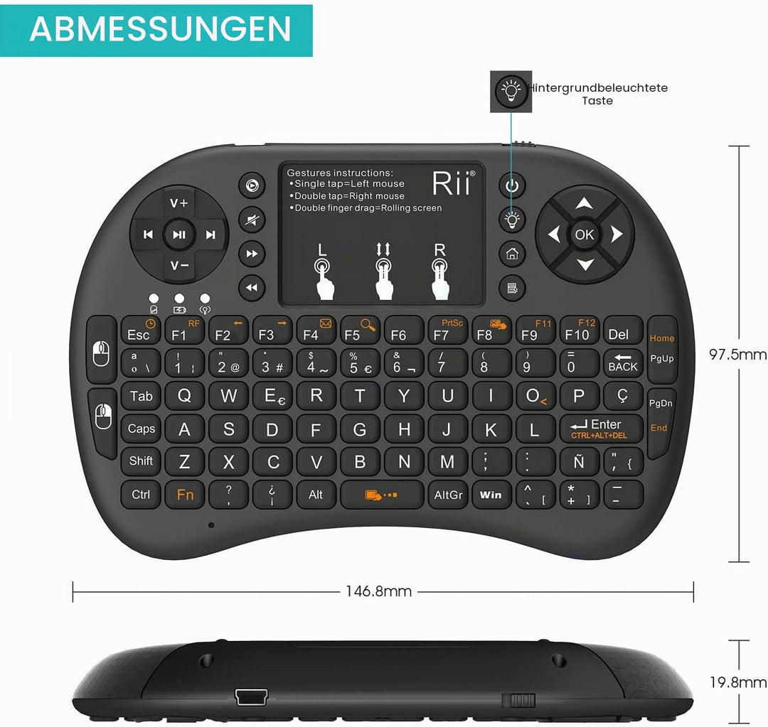Rii Mini i8+ Wireless (Spanisch QWERTY) - Mini Tastatur mit Touchpad