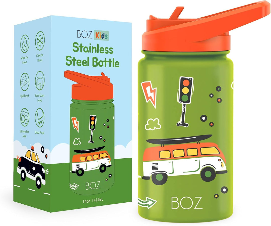 BOZ Isolierte Kinder-Trinkflasche, 414 ml (Autos) | BPA-Frei, Kratzfest mit Tragegriff, Spülmaschine