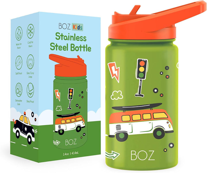 BOZ Isolierte Kinder-Trinkflasche, 414 ml (Autos) | BPA-Frei, Kratzfest mit Tragegriff, Spülmaschine