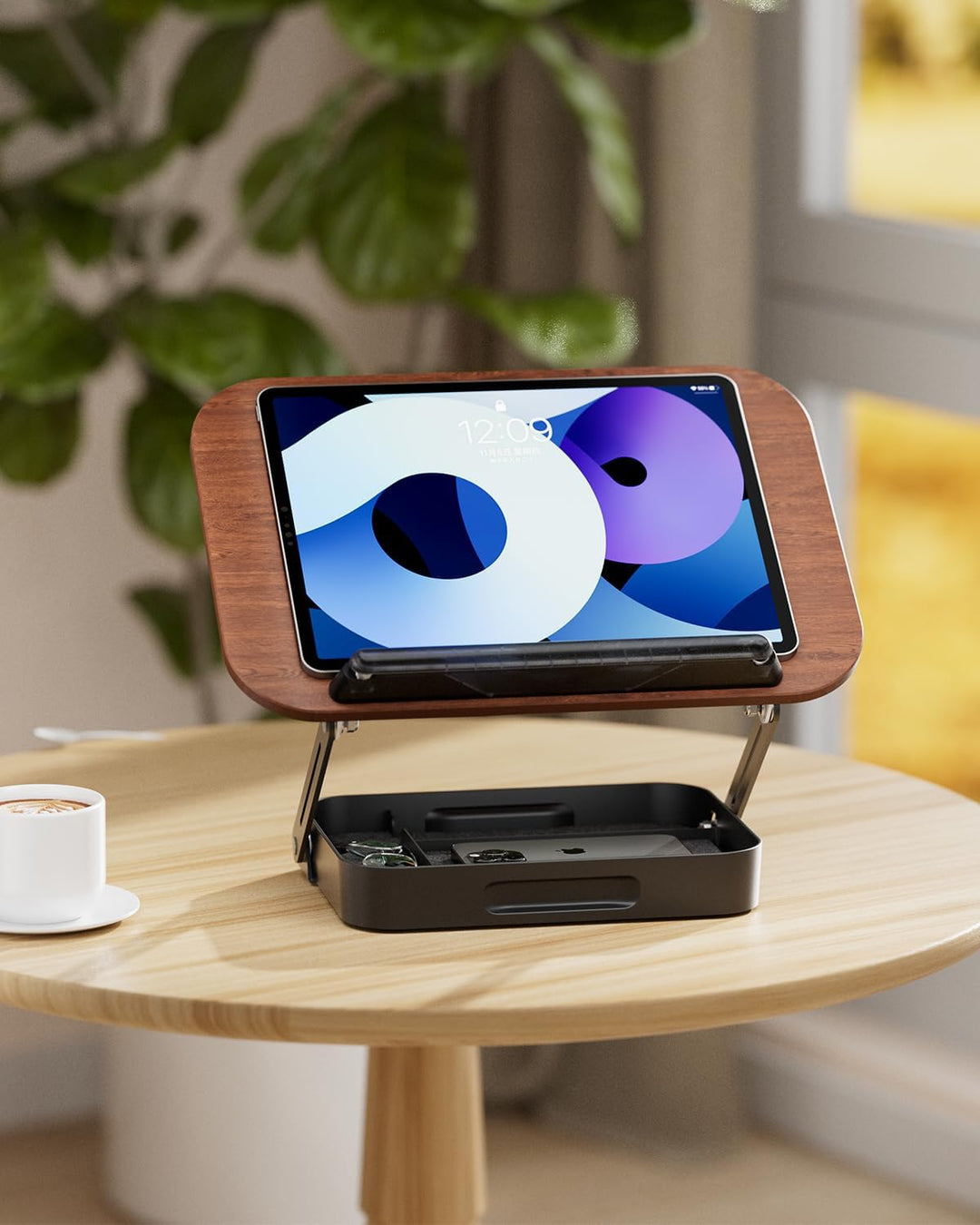 SupeDesk Buchständer Holz mit praktischem Stauraum, 360° drehbarer Buchhalter Leseständer, höhenvers