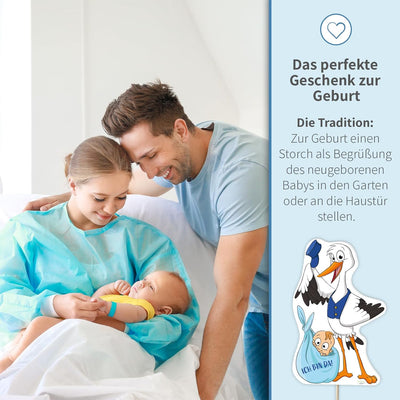 Storch zur Geburt Baby, Junge blau I 110 cm I wetterfest für draussen I Set: Klapperstorch + Stab au