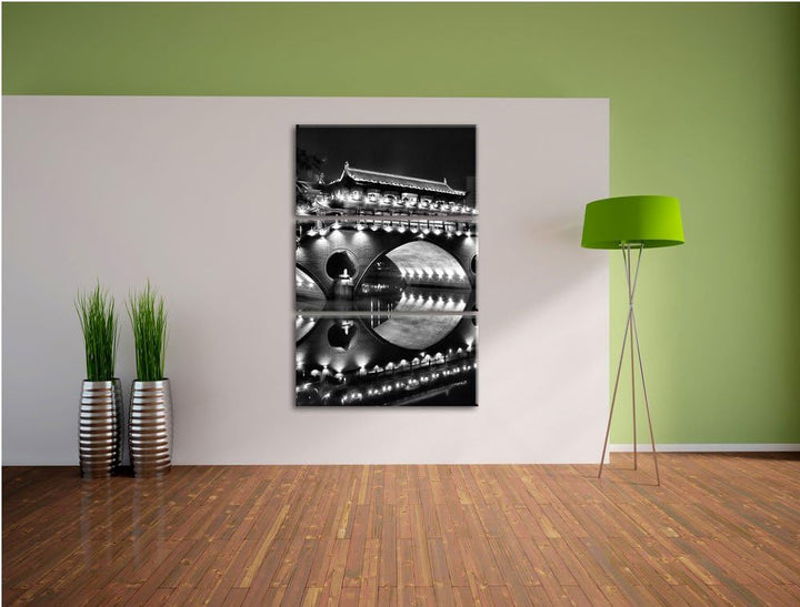Pixxprint hellerleuchtete chinesische Brücke als Leinwandbild/Grösse: 3 Teilig (120x80) cm/Wandbild/