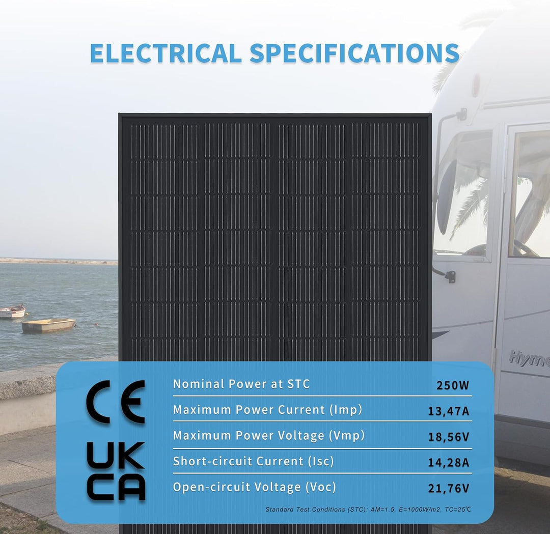 Monokristallines N-Typ 250W Solarpanel 12V in Schwarz – Effizientes Solarmodul für Wohnmobil, Boot,