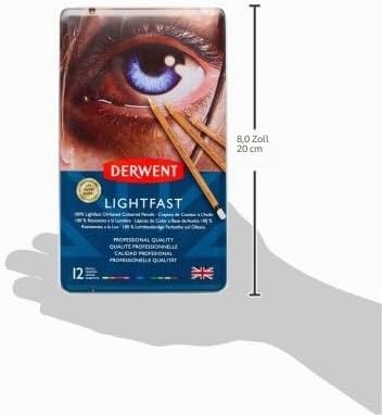 Derwent Lightfast Buntstifte, 12 Stück im Metalletui, 4 mm Runder Kern in Premium-Stärke, Cremige Te