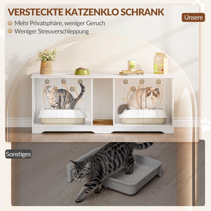 Katzenklo Schrank für 2 Katzen, Katzenklo Versteckt Schrank Möbel, Katzenhaus Holz Beistelltisch mit