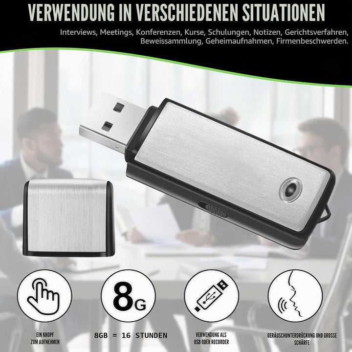 Digitales Diktiergerät, USB, Mini-Sprachaufnahme, Spion, 8 GB, für Meetings, Interviews, Konferenzen