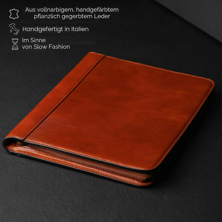Leder Schreibmappe A4 - Konferenzmappe für Herren - Organizer Mappe - Stylische Aktenmappe - Cognac