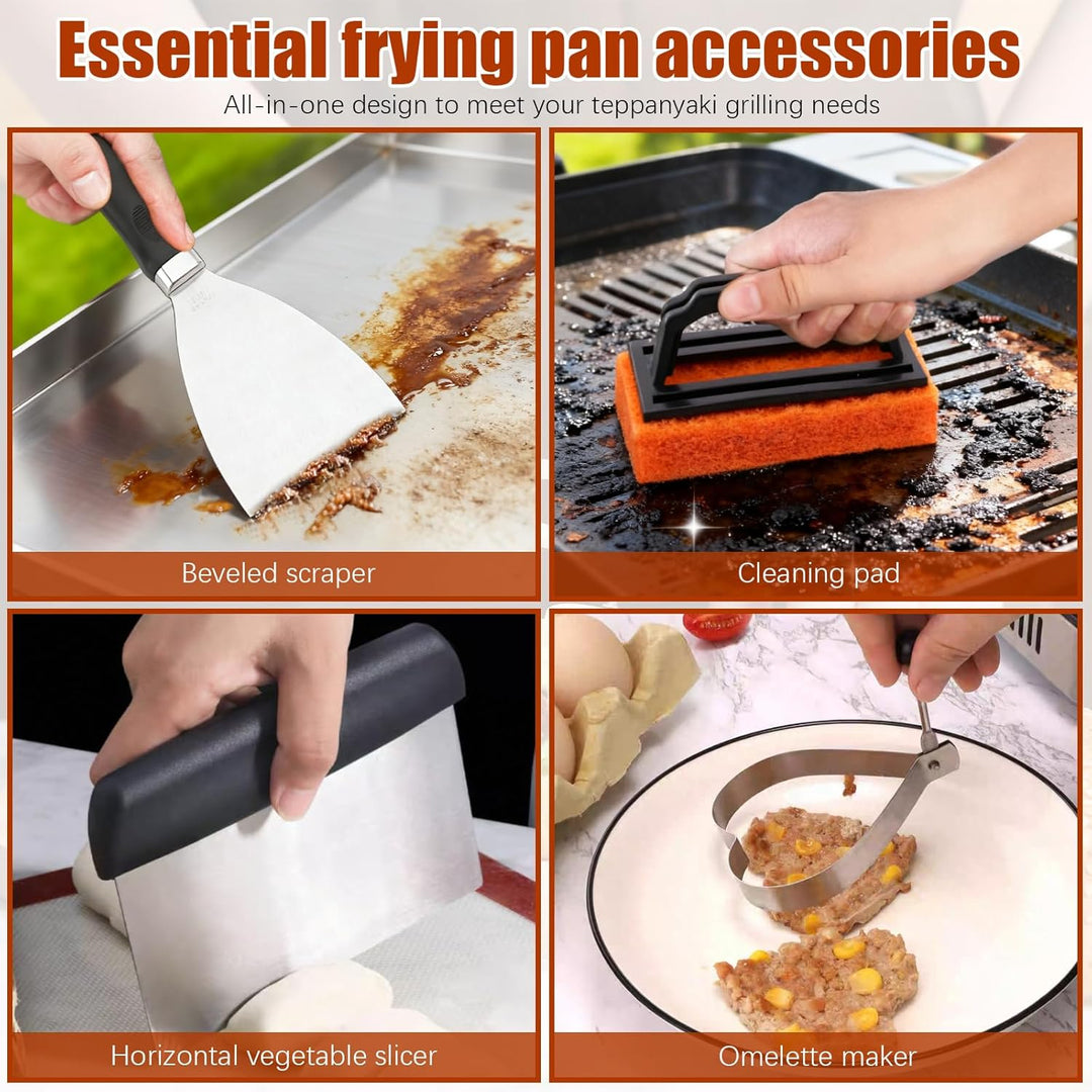 27 Pcs Grill Zubehör, Grillspachtel Plancha Zubehör, Grillbestec Set, Burgerpresse mit Griff, Teppan
